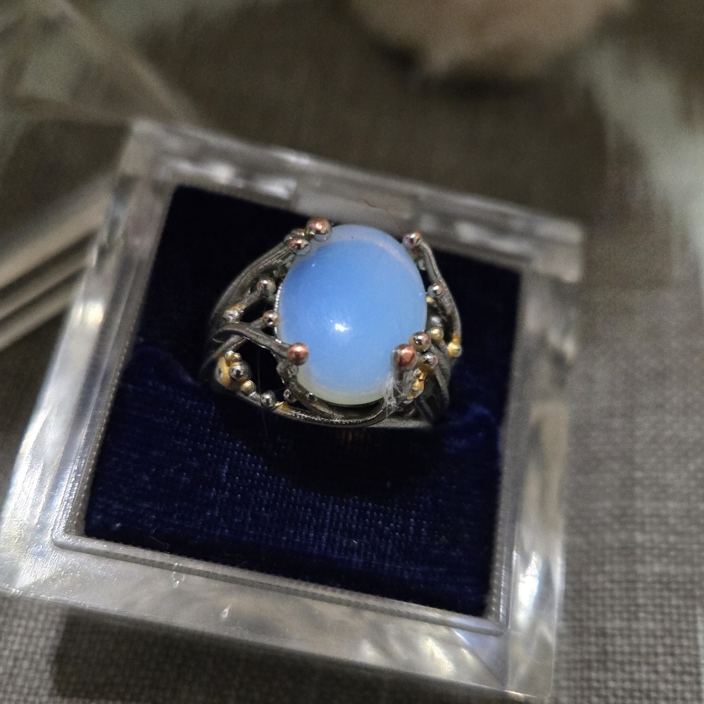Vibrant Opal Ring Light Brilliant Blue With Silver And Gold Accents. Gorgeous! - Picture 5 of 6